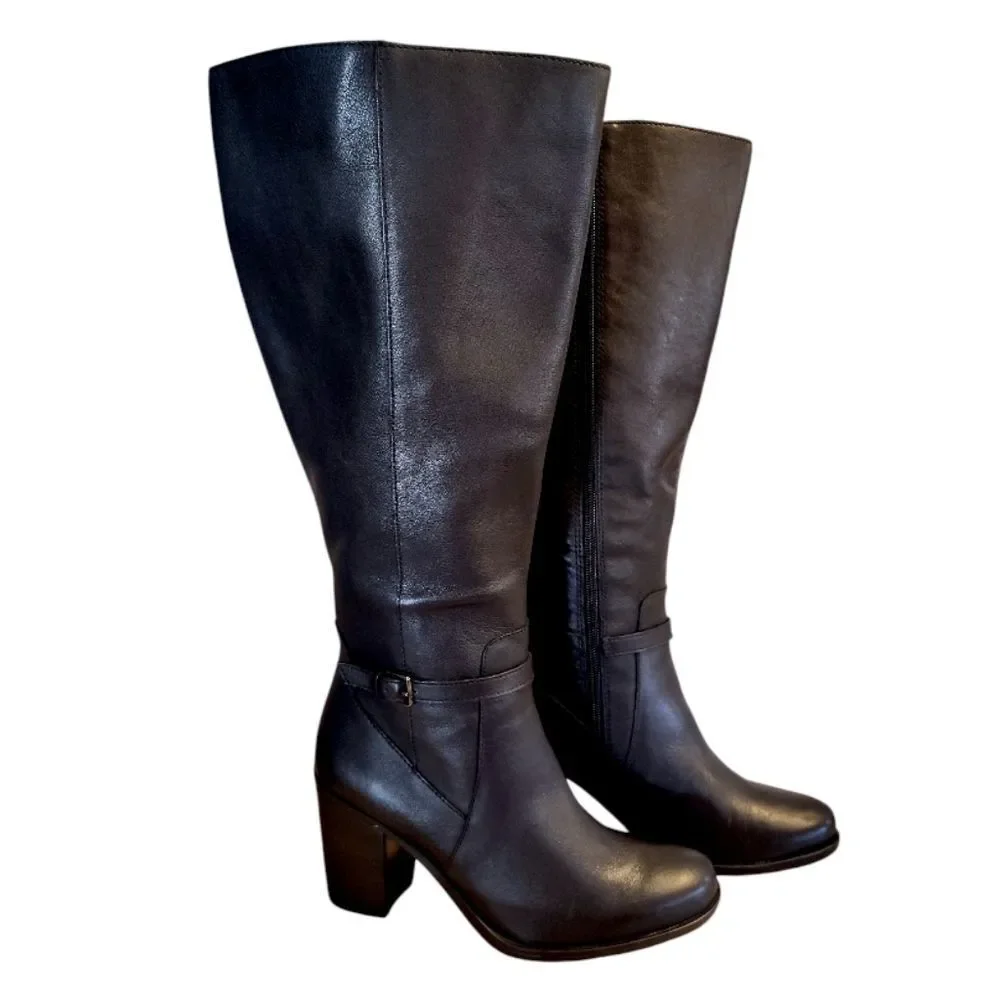 Naturalizer Kalina Black Leather Wide Calf Block Heel Knee High Boot 7.5 NWT